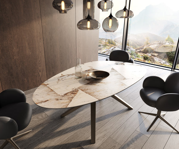 Dining Table Aurora Oval 220cm Ceramic Patagonia Lappato Beige Zenthara Frame Titanium