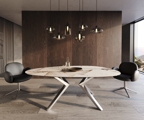 Dining Table Aurora Oval 220cm Ceramic Patagonia Lappato Beige Zenthara Frame Silver