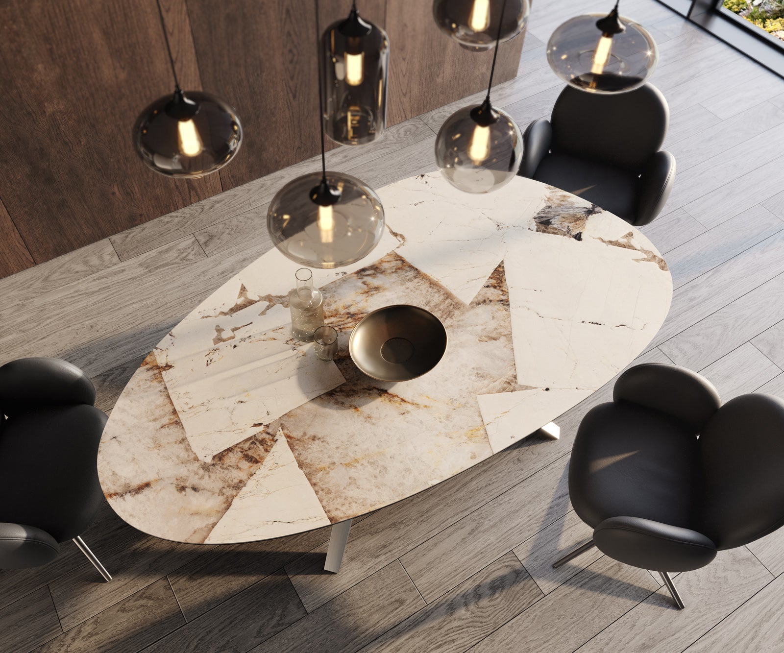 Dining Table Aurora Oval 220cm Ceramic Patagonia Lappato Beige Zenthara Frame Silver