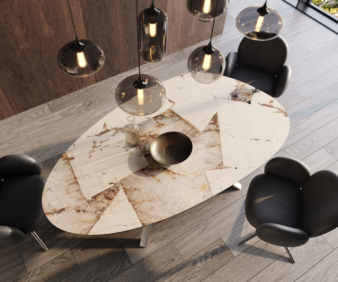 Dining Table Aurora Oval 220cm Ceramic Patagonia Lappato Beige Zenthara Frame Silver