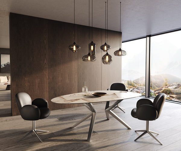 Dining Table Aurora Oval 220cm Ceramic Patagonia Lappato Beige Zenthara Frame Silver