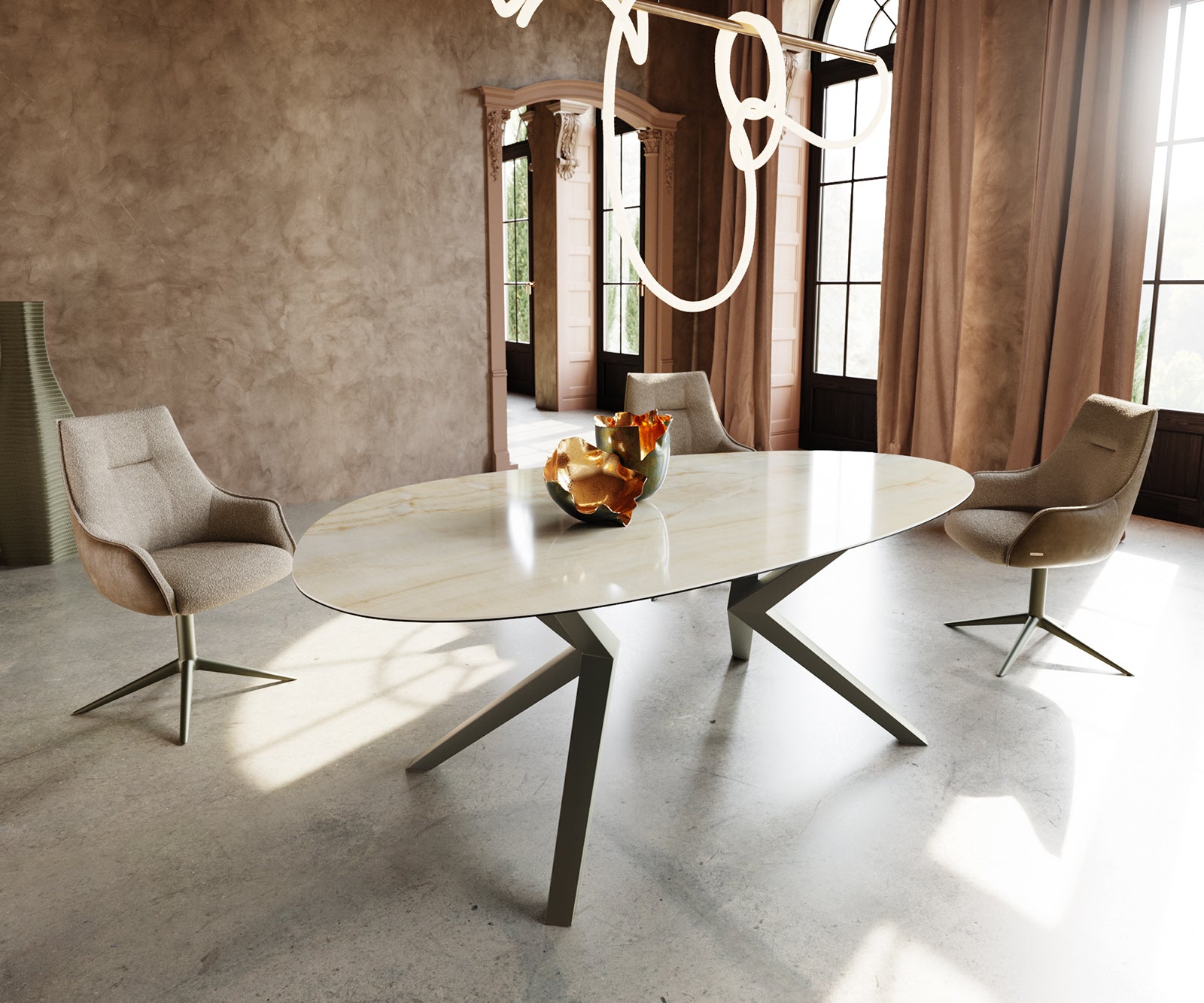 Dining Table Aurora Oval 220cm Ceramic Onice Oro Beige Zenthara Frame Titanium