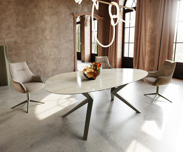 Dining Table Aurora Oval 220cm Ceramic Onice Oro Beige Zenthara Frame Titanium
