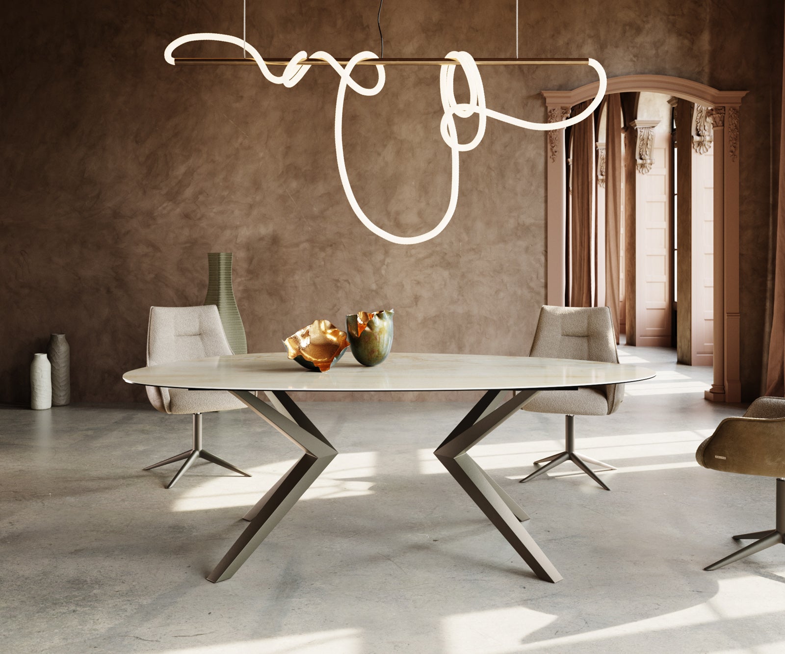 Dining Table Aurora Oval 220cm Ceramic Onice Oro Beige Zenthara Frame Titanium