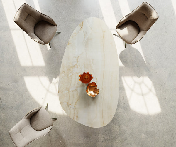 Dining Table Aurora Oval 220cm Ceramic Onice Oro Beige Zenthara Frame Titanium