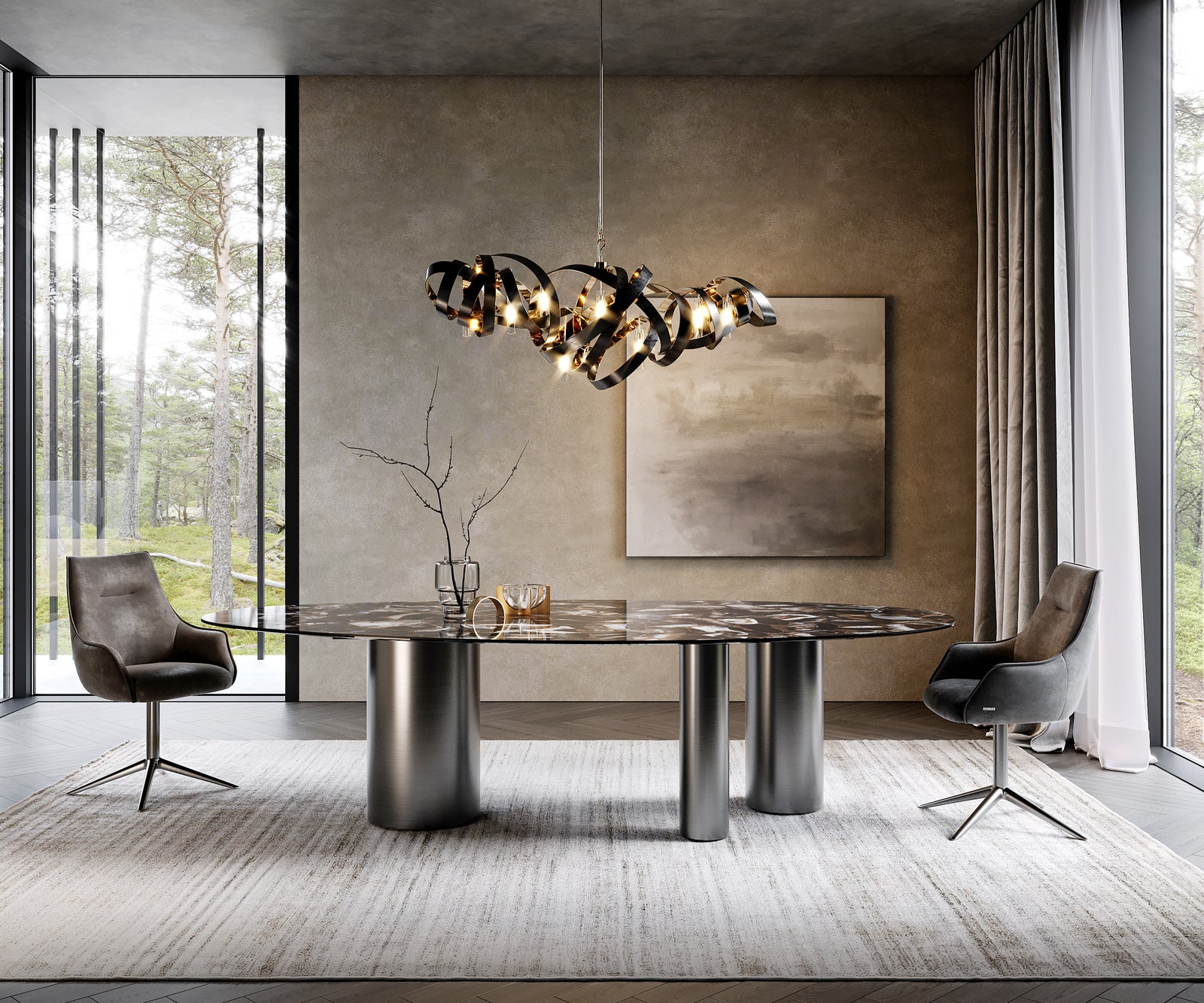 Dining Table Aurora Oval 280x130cm Ceramic Agate Black Three Pillars Frame Graphite