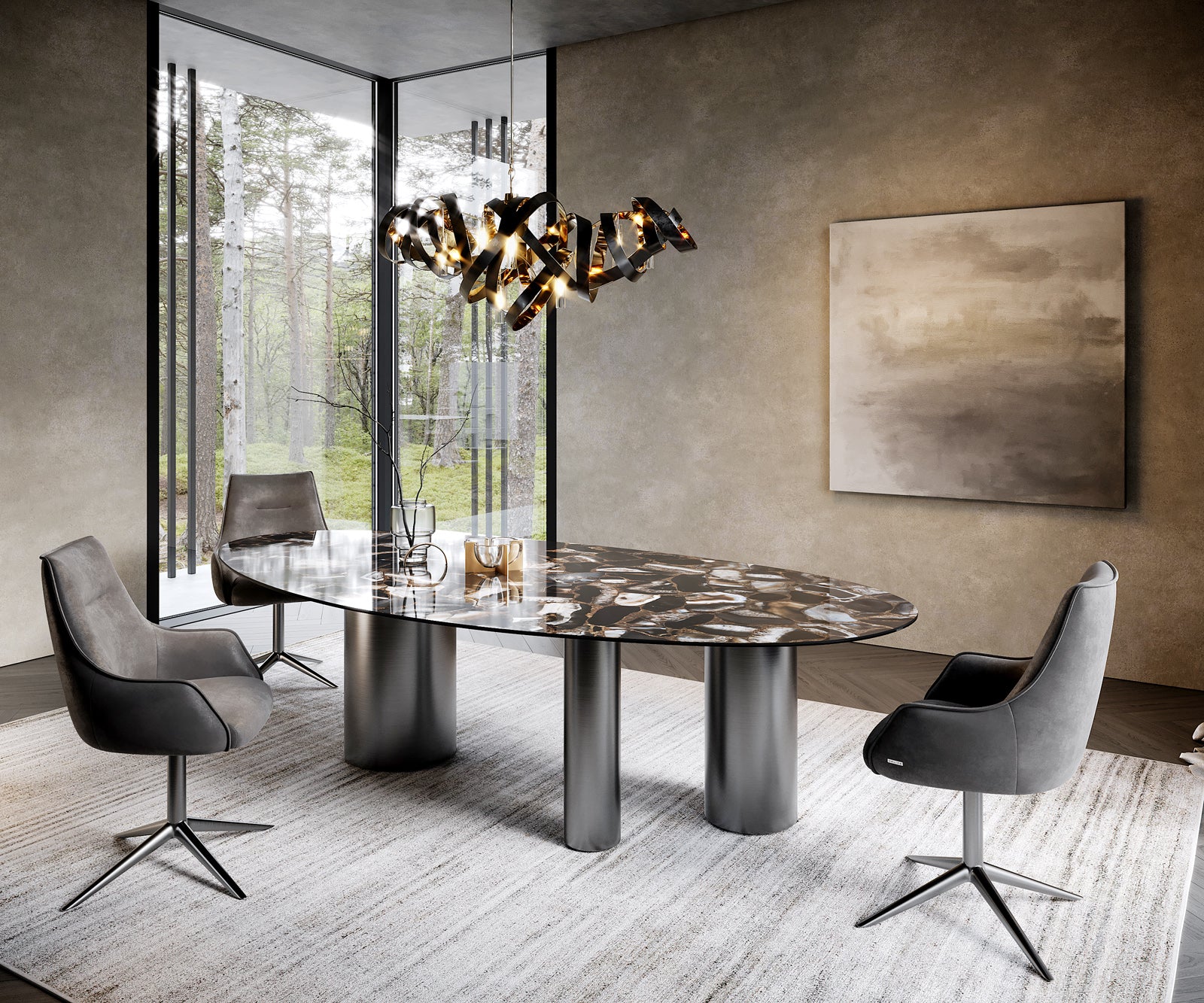Dining Table Aurora Oval 280x130cm Ceramic Agate Black Three Pillars Frame Graphite