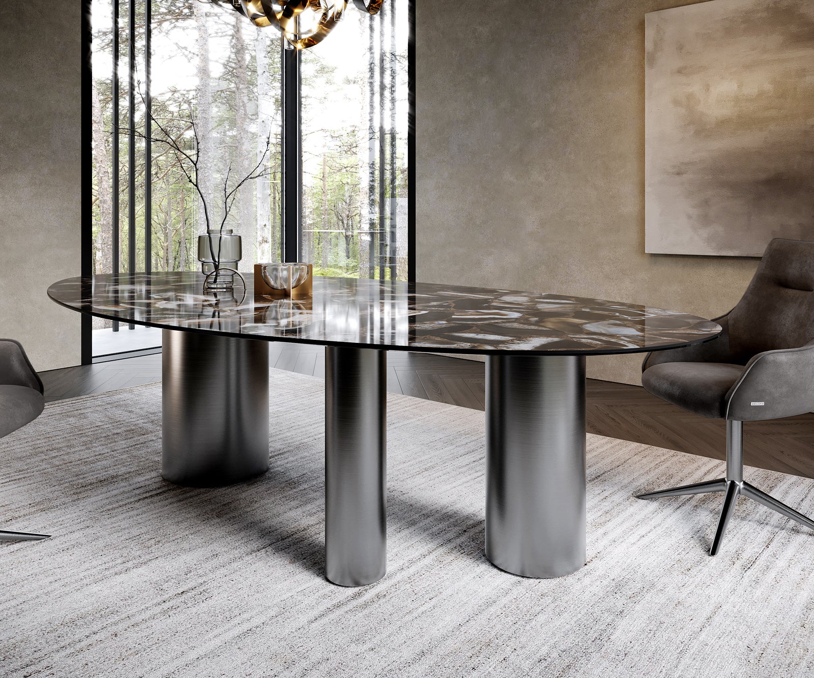 Dining Table Aurora Oval 280x130cm Ceramic Agate Black Three Pillars Frame Graphite