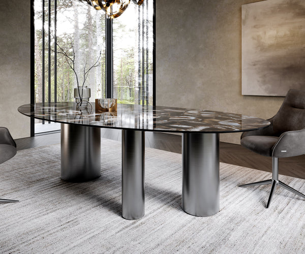 Dining Table Aurora Oval 280x130cm Ceramic Agate Black Three Pillars Frame Graphite