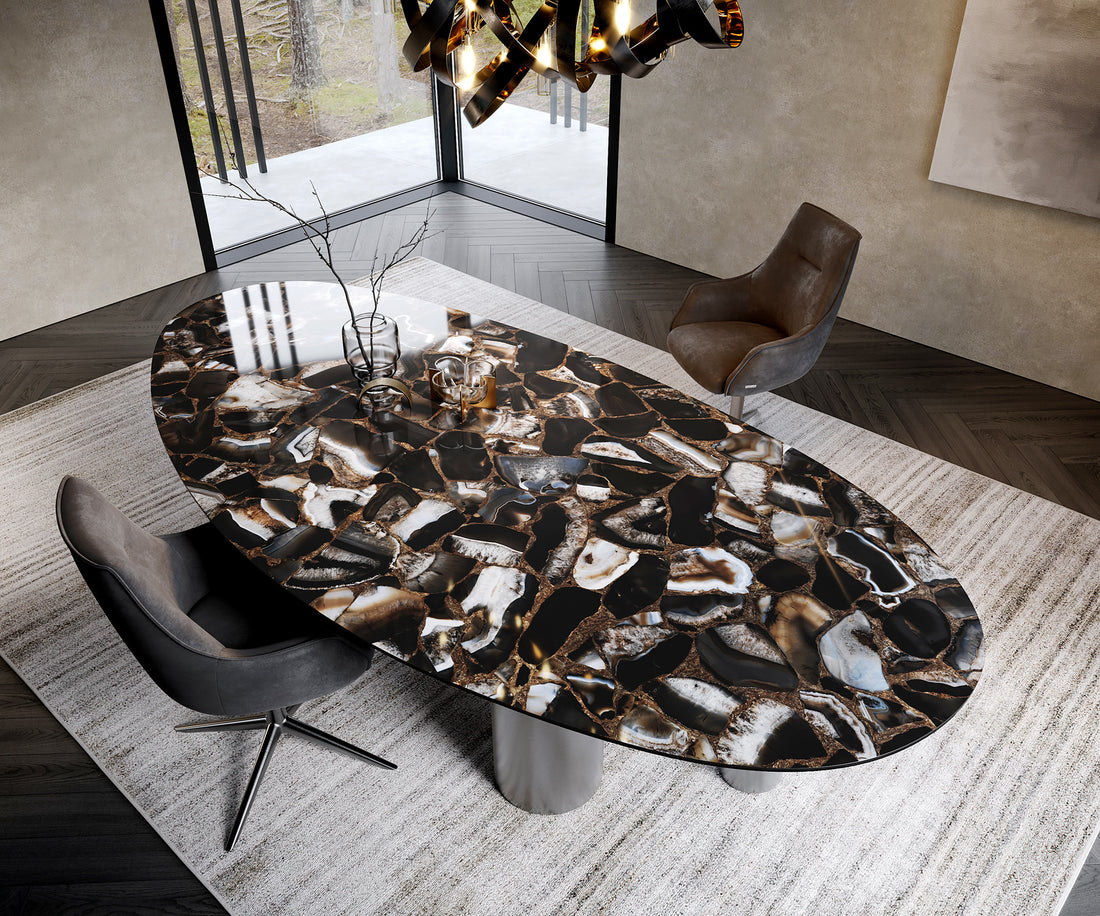 Dining Table Aurora Oval 280x130cm Ceramic Agate Black Four Pillars Frame Graphite