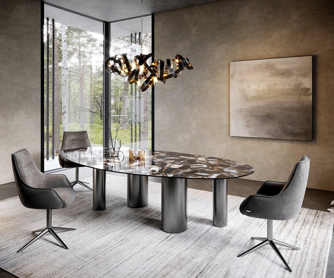 Dining Table Aurora Oval 280x130cm Ceramic Agate Black Four Pillars Frame Graphite