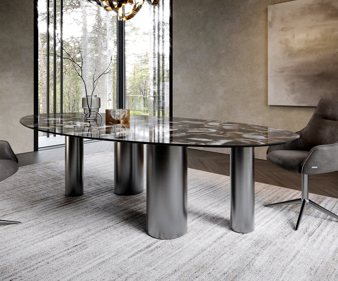 Dining Table Aurora Oval 280x130cm Ceramic Agate Black Four Pillars Frame Graphite