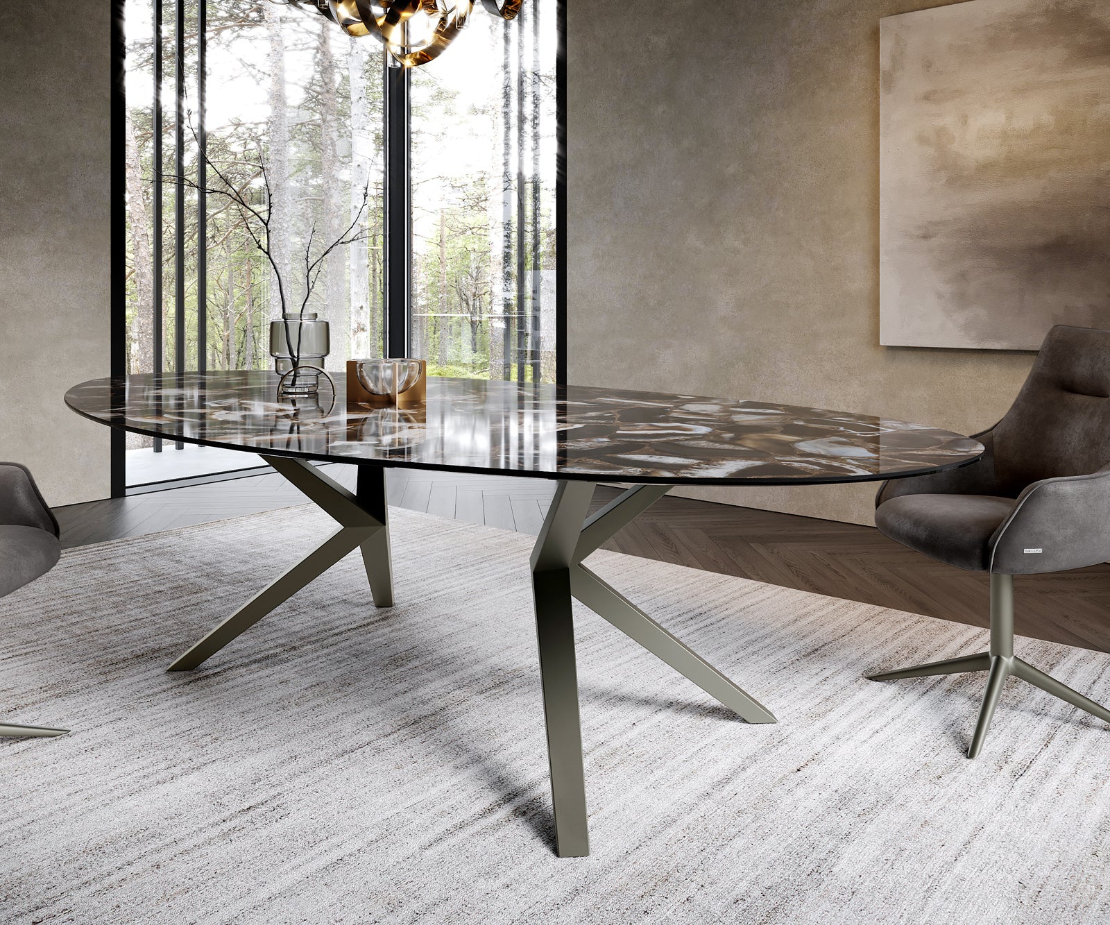 Dining Table Aurora Oval 280x130cm Ceramic Agate Black Angular Frame Titanium