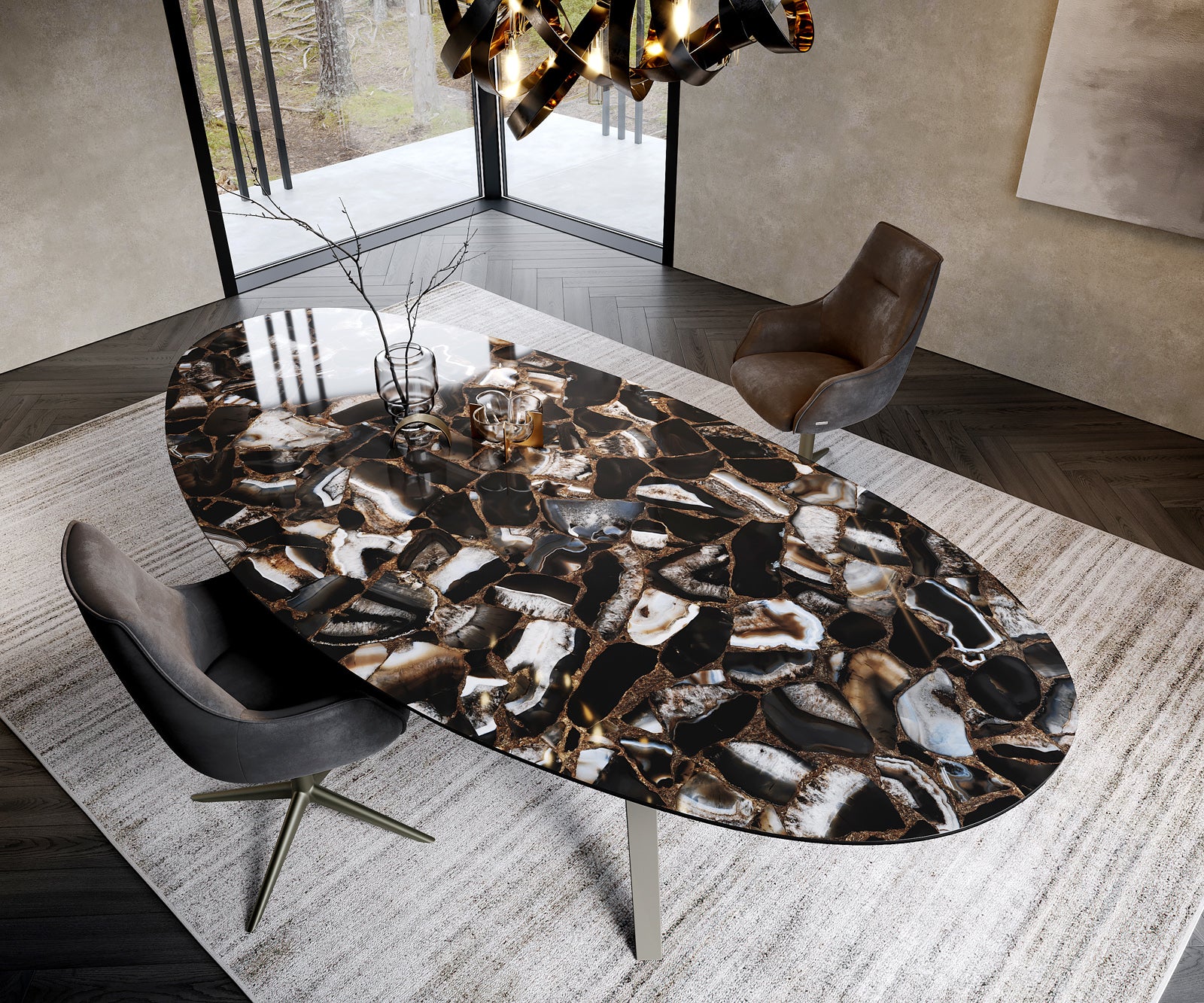 Dining Table Aurora Oval 280x130cm Ceramic Agate Black Angular Frame Titanium
