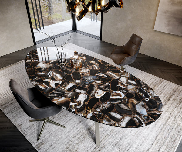 Dining Table Aurora Oval 280x130cm Ceramic Agate Black Angular Frame Titanium