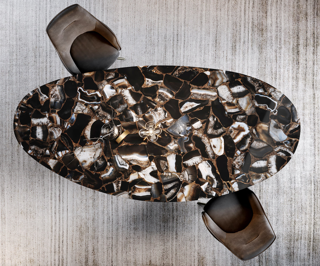 Dining Table Aurora Oval 280x130cm Ceramic Agate Black Zenthara Frame Titanium
