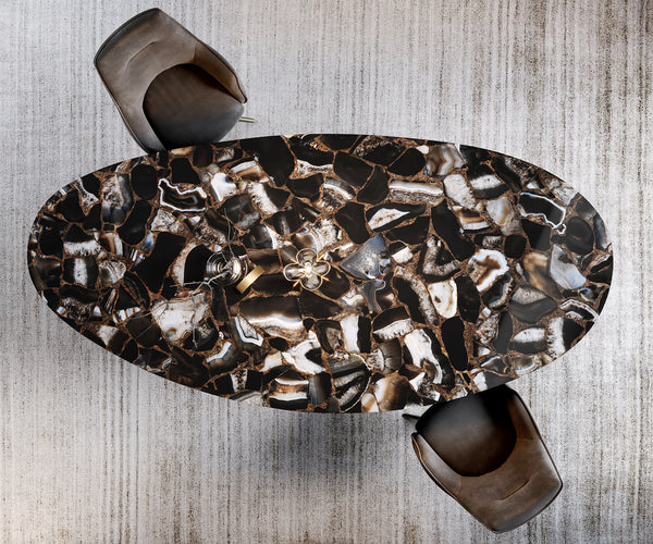 Dining Table Aurora Oval 280x130cm Ceramic Agate Black Angular Frame Titanium