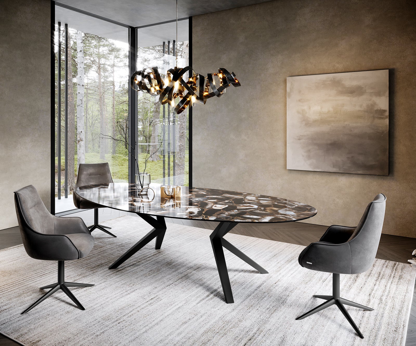 Dining Table Aurora Oval 280x130cm Ceramic Agate Black Angular Frame Black