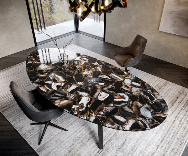 Dining Table Aurora Oval 280x130cm Ceramic Agate Black Angular Frame Black