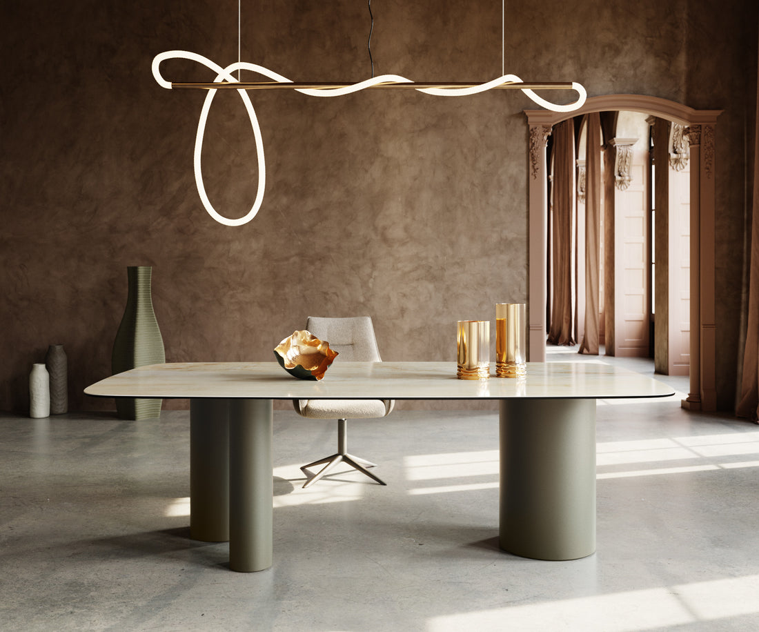 Dining Table Aurora Boat 240x120cm Ceramic Onice Oro Beige Three Pillars Frame Titanium