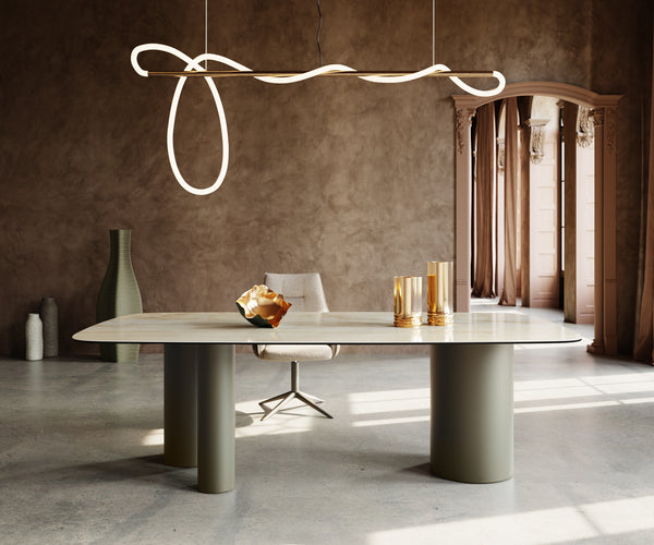 Dining Table Aurora Boat 240x120cm Ceramic Onice Oro Beige Three Pillars Frame Titanium