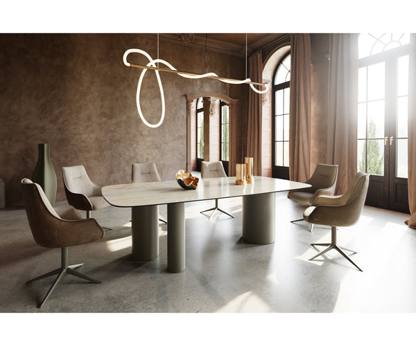 Dining Table Aurora Boat 240x120cm Ceramic Onice Oro Beige Three Pillars Frame Titanium