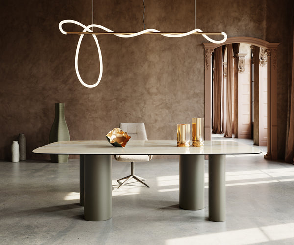 Dining Table Aurora Boat 240x120cm Ceramic Onice Oro Beige Four Pillars Frame Titanium