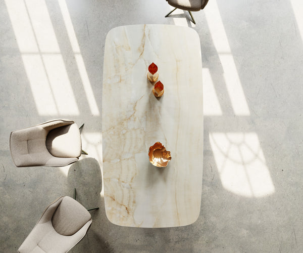 Dining Table Aurora Boat 240x120cm Ceramic Onice Oro Beige Four Pillars Frame Titanium