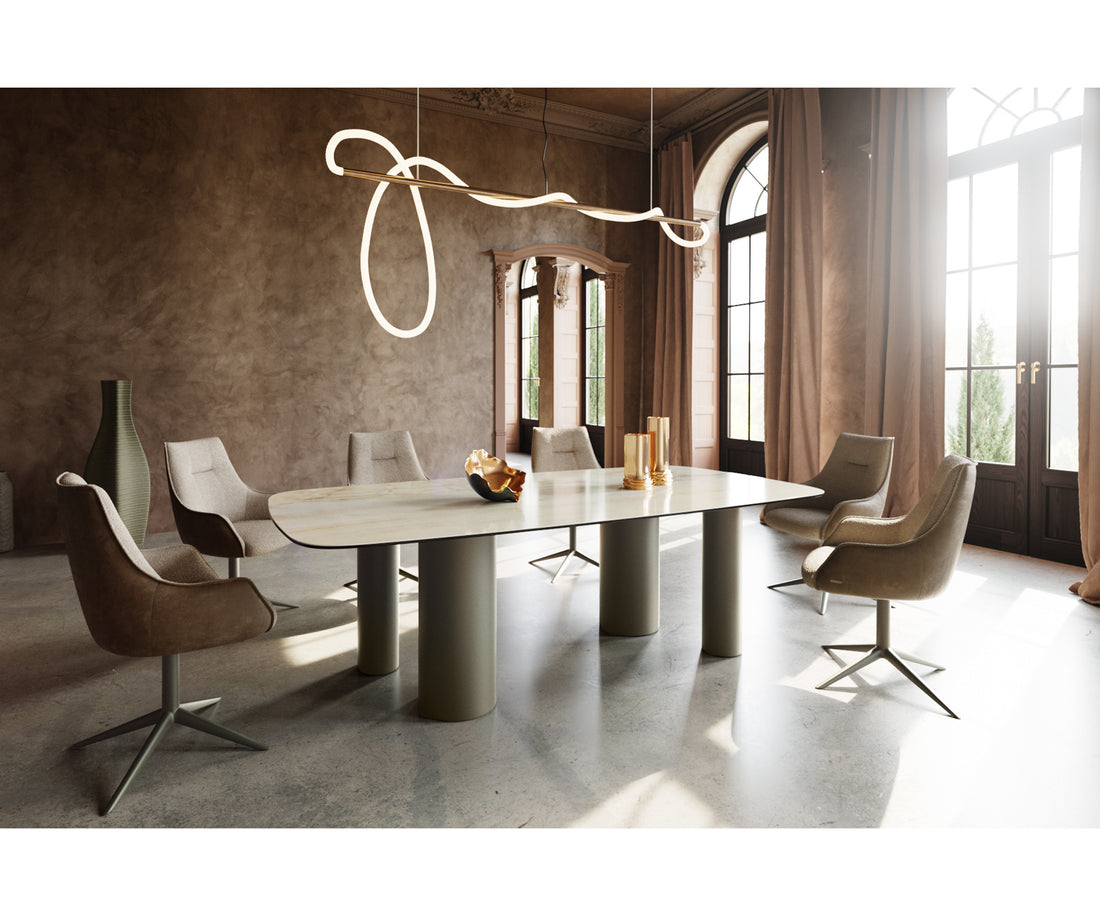 Dining Table Aurora Boat 240x120cm Ceramic Onice Oro Beige Four Pillars Frame Titanium