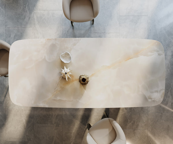 Dining Table Aurora Boat 270x120cm Ceramic Onice Grigio Pearl Three Pillars Frame Titanium