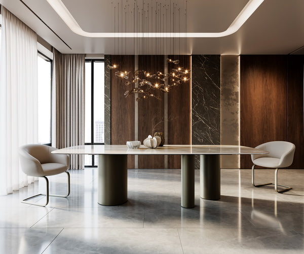 Dining Table Aurora Boat 270x120cm Ceramic Onice Grigio Pearl Three Pillars Frame Titanium