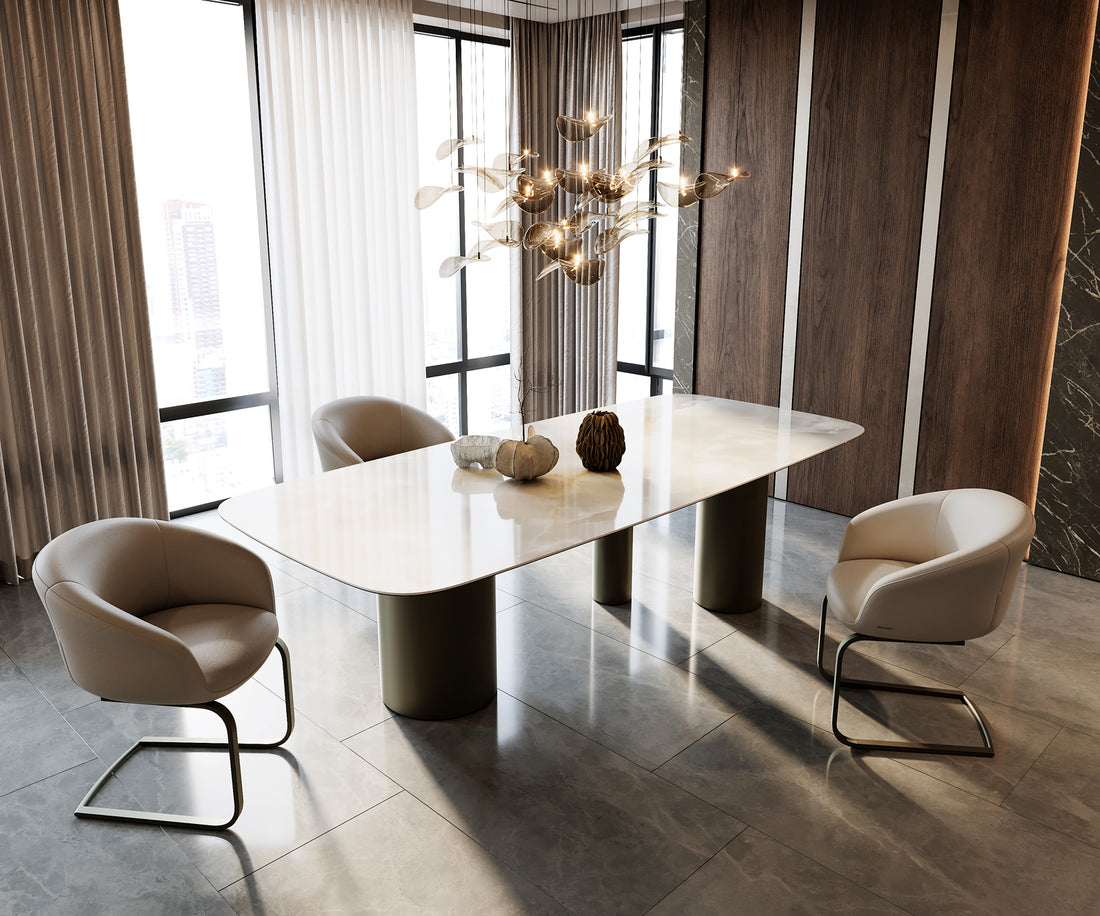 Dining Table Aurora Boat 270x120cm Ceramic Onice Grigio Pearl Three Pillars Frame Titanium