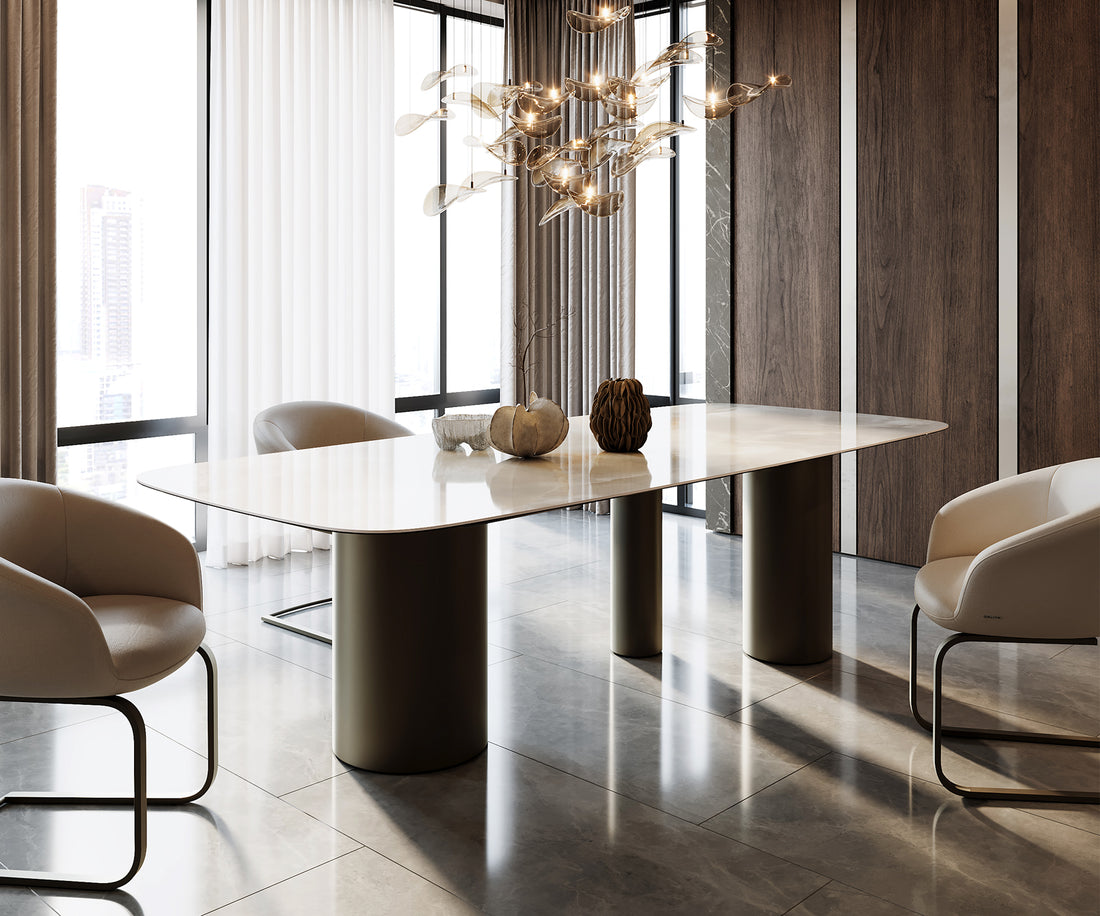 Dining Table Aurora Boat 270x120cm Ceramic Onice Grigio Pearl Three Pillars Frame Titanium