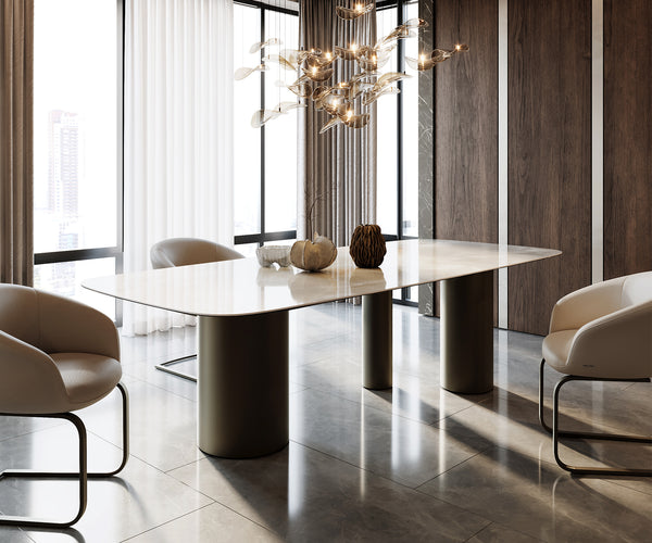 Dining Table Aurora Boat 270x120cm Ceramic Onice Grigio Pearl Three Pillars Frame Titanium