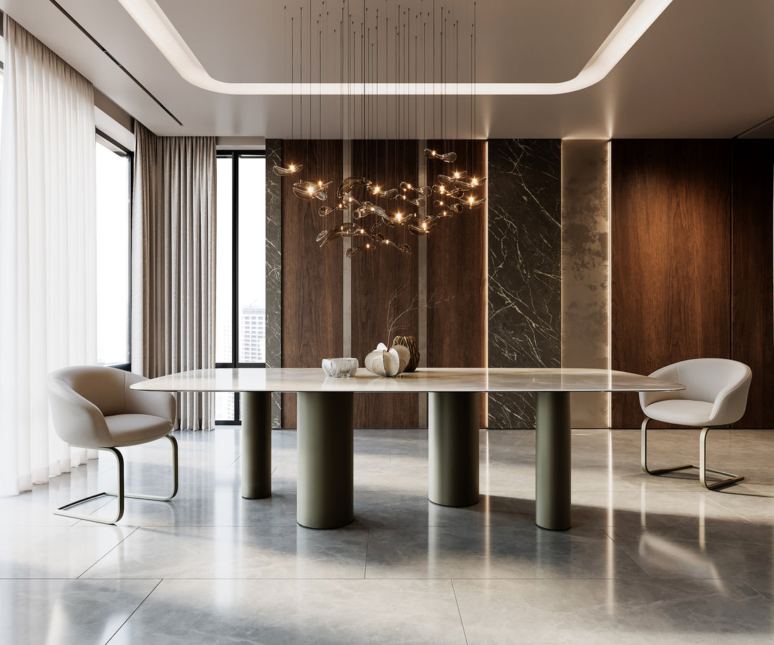 Dining Table Aurora Boat 270x120cm Ceramic Onice Grigio Pearl Four Pillars Frame Titanium