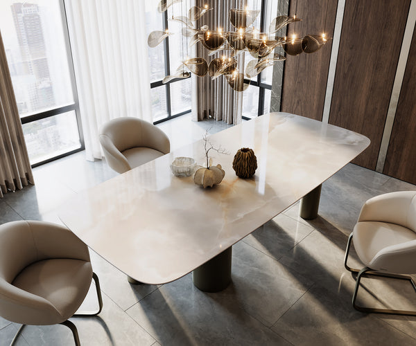 Dining Table Aurora Boat 270x120cm Ceramic Onice Grigio Pearl Four Pillars Frame Titanium