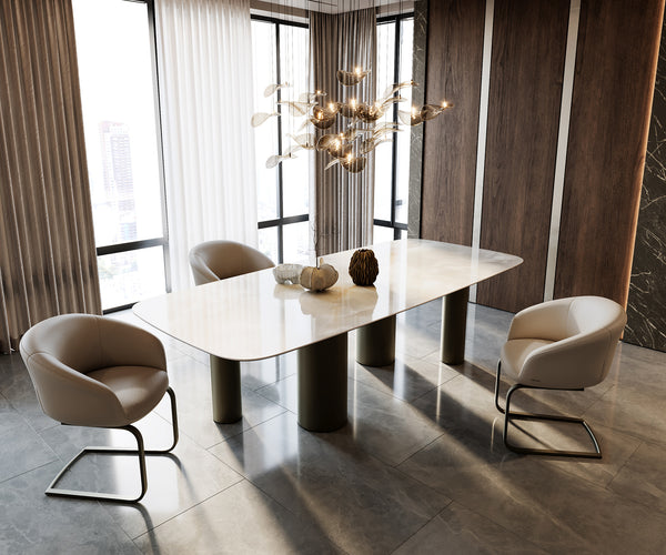 Dining Table Aurora Boat 270x120cm Ceramic Onice Grigio Pearl Four Pillars Frame Titanium