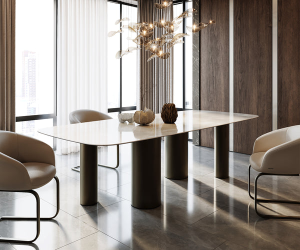 Dining Table Aurora Boat 270x120cm Ceramic Onice Grigio Pearl Four Pillars Frame Titanium