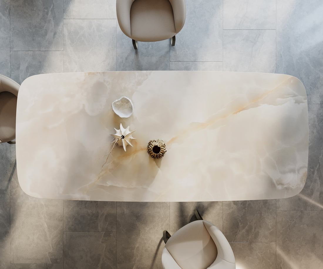 Dining Table Aurora Boat 270x120cm Ceramic Onice Grigio Pearl Stellar Frame Titanium