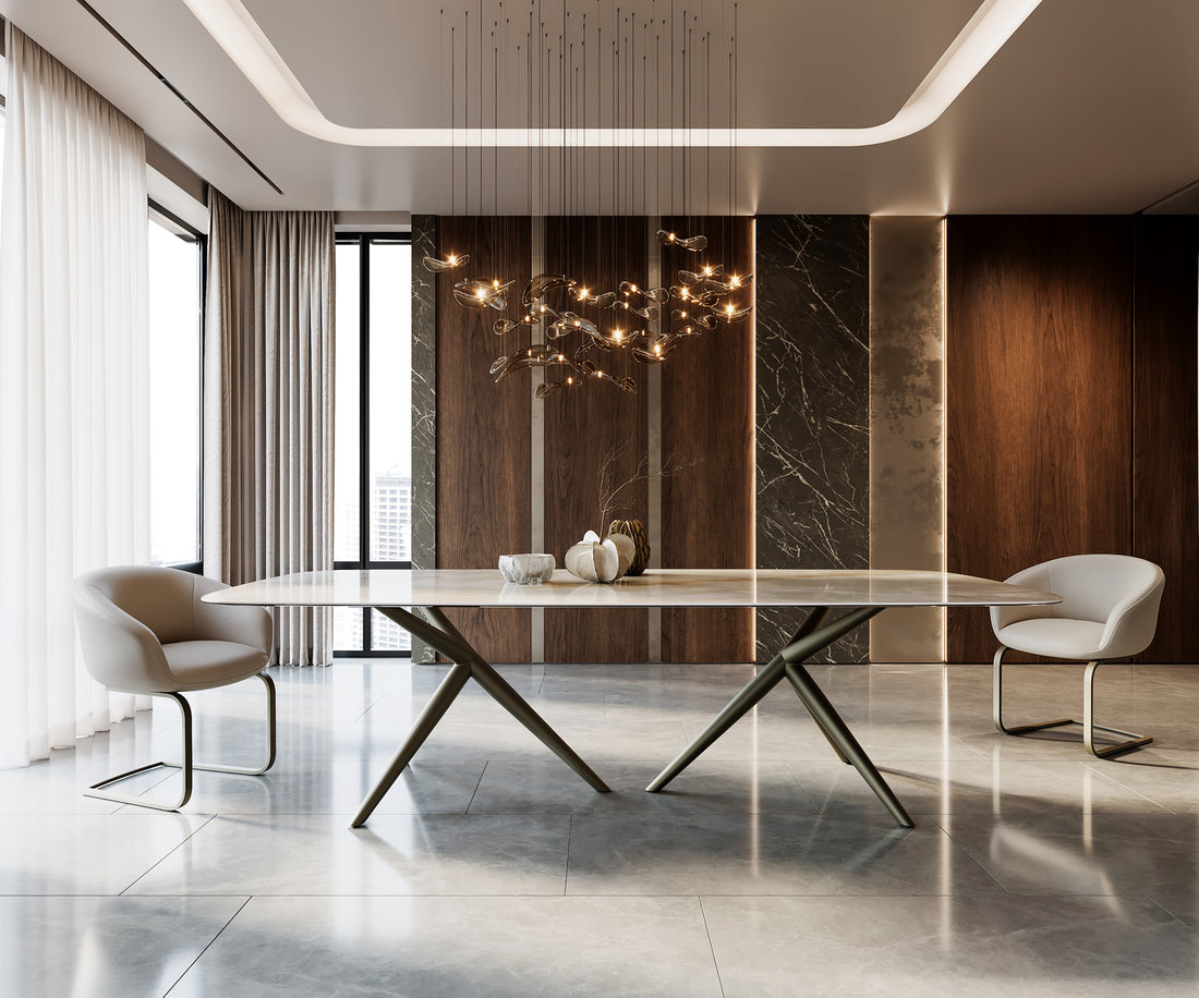 Dining Table Aurora Boat 270x120cm Ceramic Onice Grigio Pearl Stellar Frame Titanium