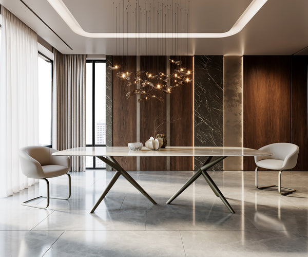 Dining Table Aurora Boat 270x120cm Ceramic Onice Grigio Pearl Stellar Frame Titanium