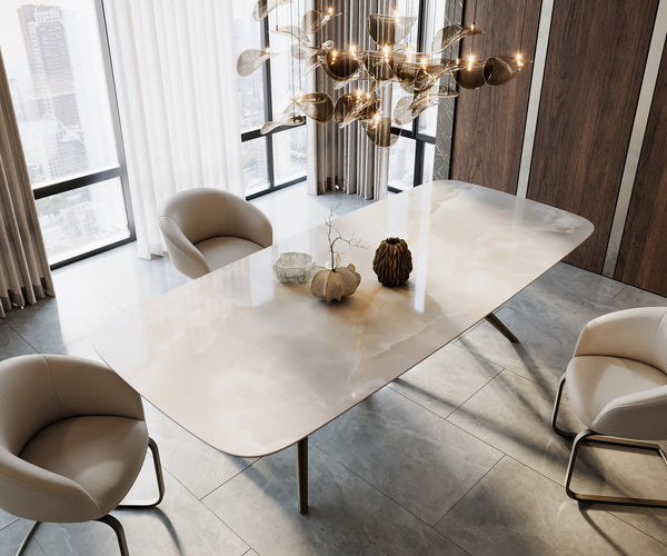 Dining Table Aurora Boat 270x120cm Ceramic Onice Grigio Pearl Stellar Frame Titanium