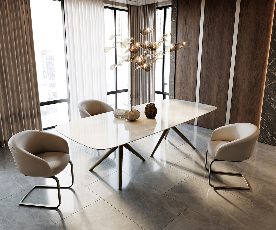 Dining Table Aurora Boat 270x120cm Ceramic Onice Grigio Pearl Stellar Frame Titanium