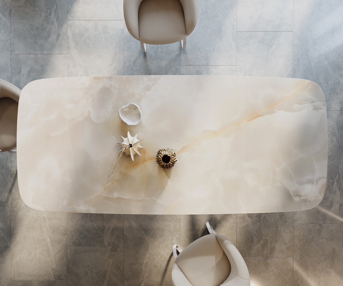 Dining Table Aurora Boat 270x120cm Ceramic Onice Grigio Pearl Stellar Frame White