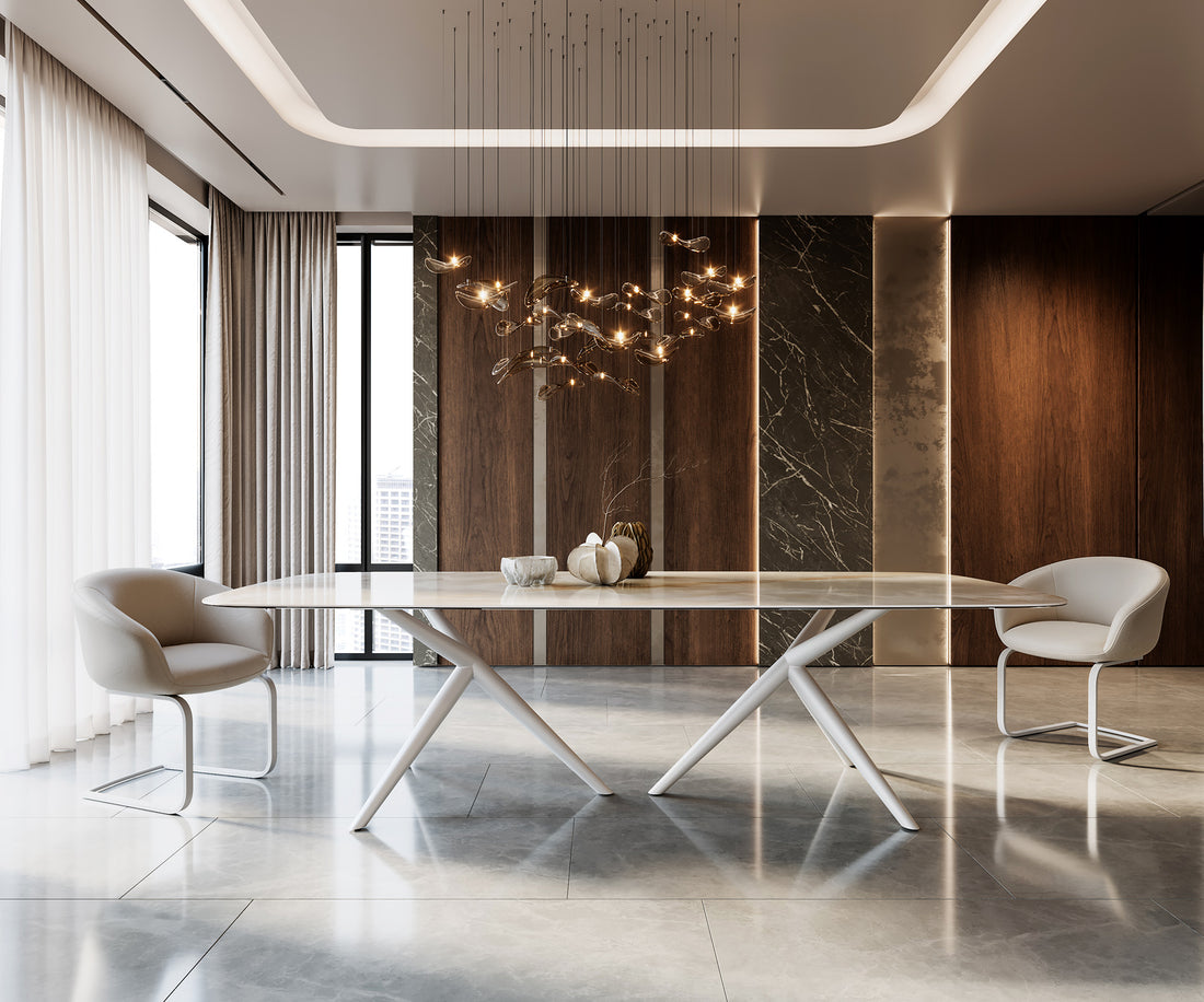 Dining Table Aurora Boat 270x120cm Ceramic Onice Grigio Pearl Stellar Frame White