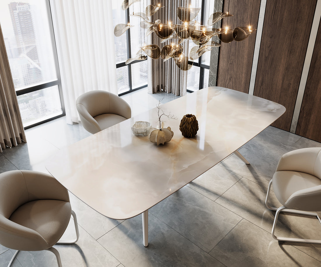 Dining Table Aurora Boat 270x120cm Ceramic Onice Grigio Pearl Stellar Frame White