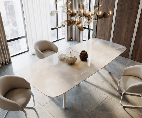 Dining Table Aurora Boat 270x120cm Ceramic Onice Grigio Pearl Stellar Frame White