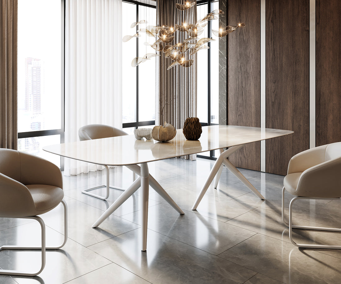 Dining Table Aurora Boat 270x120cm Ceramic Onice Grigio Pearl Stellar Frame White