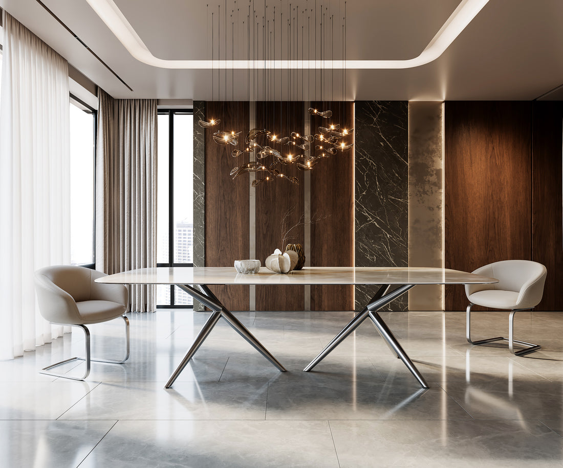 Dining Table Aurora Boat 270x120cm Ceramic Onice Grigio Pearl Stellar Frame Silver