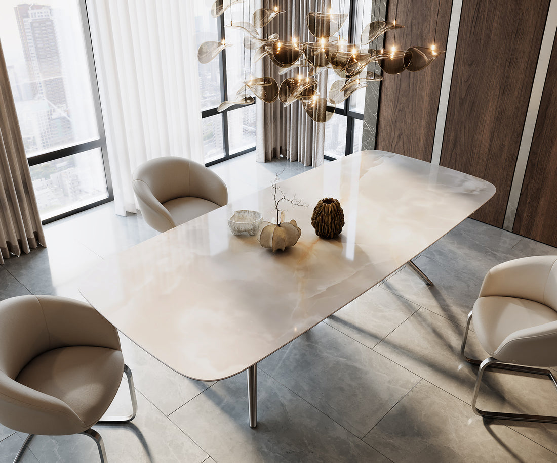 Dining Table Aurora Boat 270x120cm Ceramic Onice Grigio Pearl Stellar Frame Silver